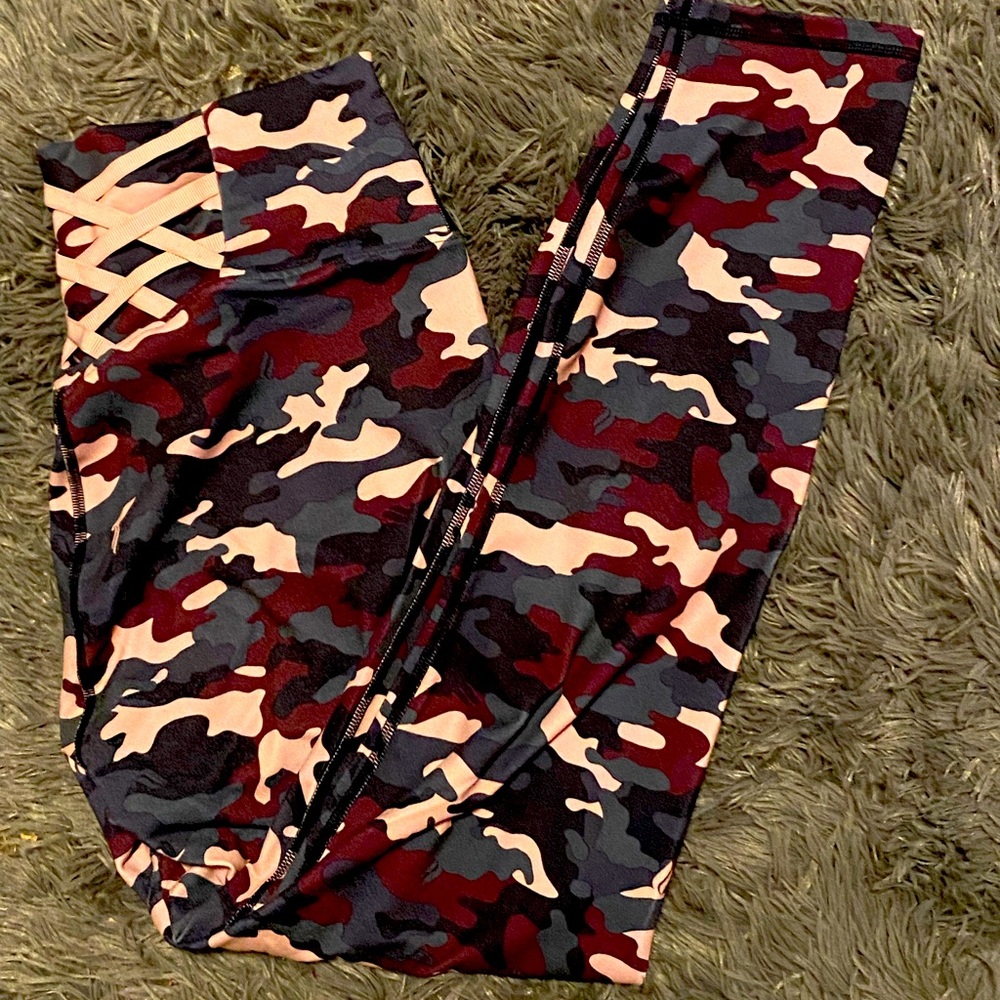 Gray and Purple camo print PowerHold fabletics leggings. Size M